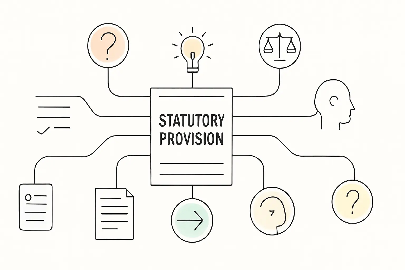 Line art illustration of one statutory provision with several interpretive pathways leading to different meanings