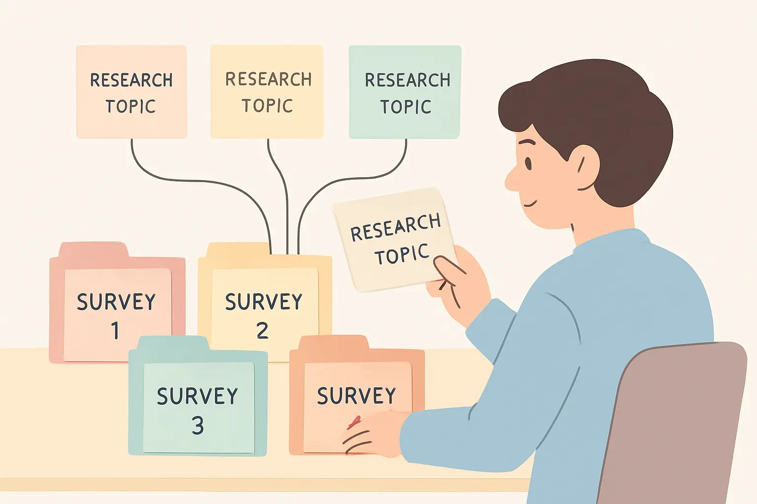 Flat vector illustration of matching dissertation topics to the right longitudinal study