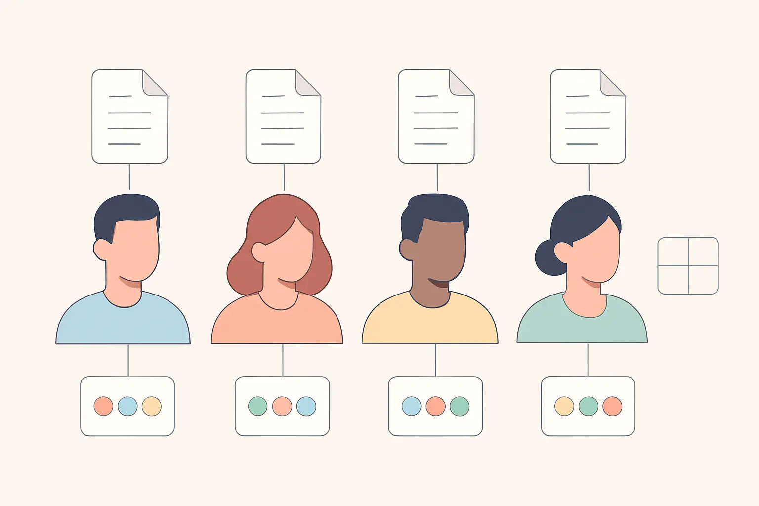 Flat vector illustration of participants linked to transcripts and demographic attribute tags