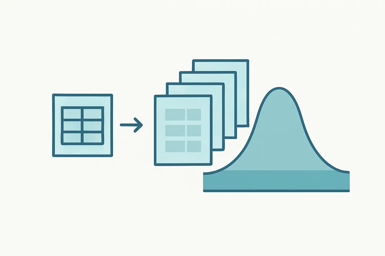 Flat vector illustration of bootstrap resampling producing many samples and a confidence interval on a distribution curve