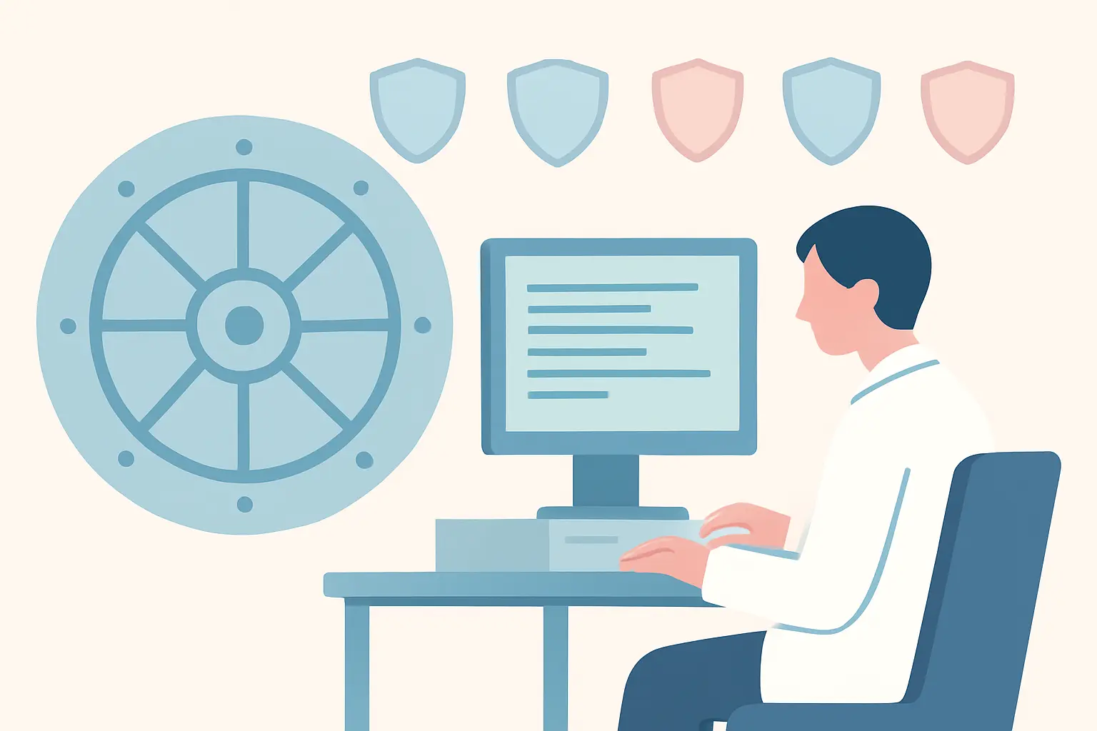 Flat vector illustration of a researcher accessing secure data in a trusted research environment