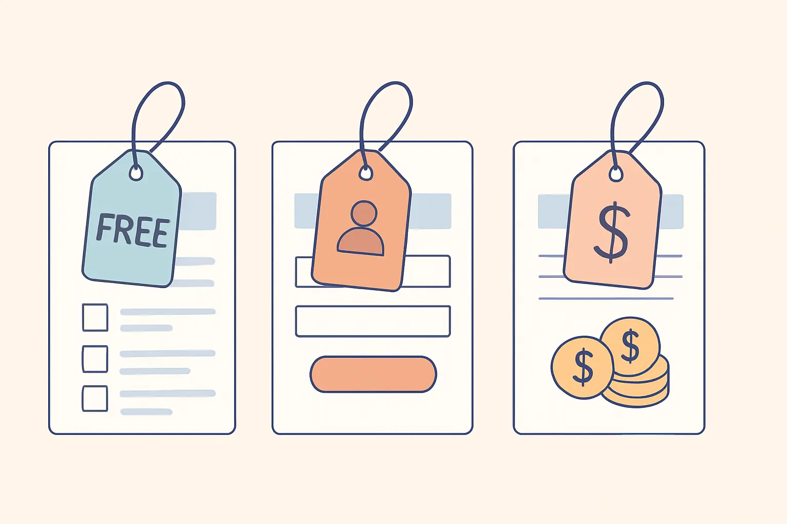 Flat vector illustration of free, registered and paid licensing tiers for research questionnaires