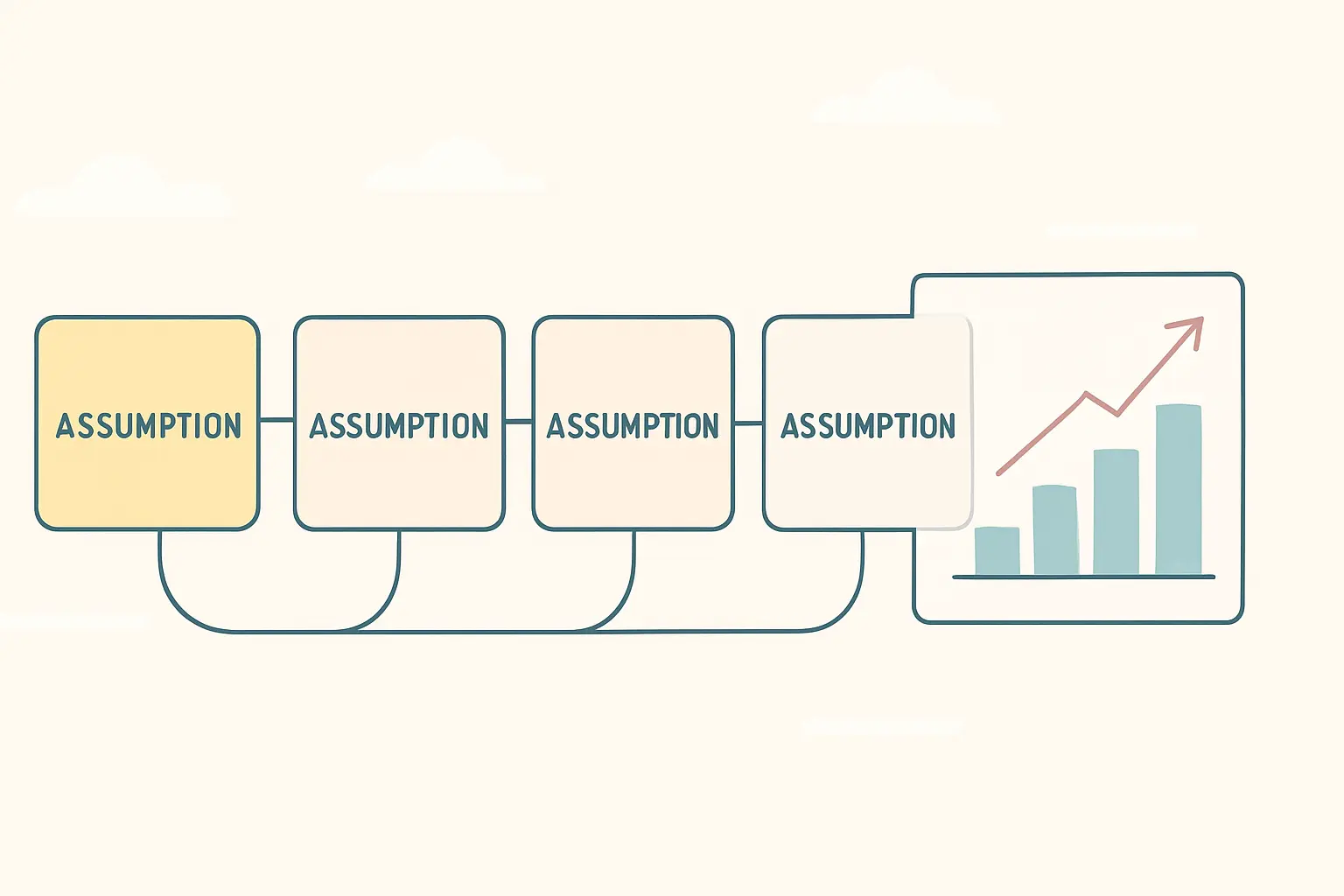Flat vector illustration of linked assumption blocks feeding into a financial projection chart