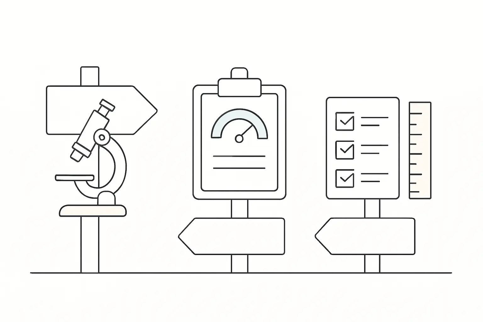Line art illustration of three signposts distinguishing research, service evaluation and audit