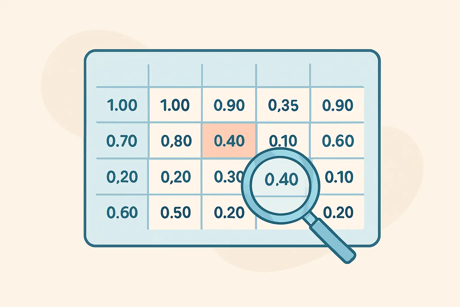Stylised SPSS correlation output table with a highlighted coefficient cell and a magnifying glass