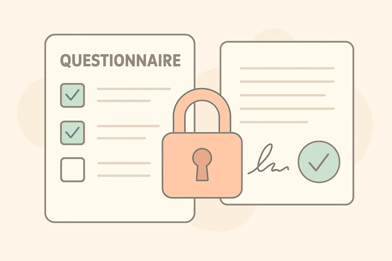 Flat vector illustration of a validated questionnaire with a licence and permission letter