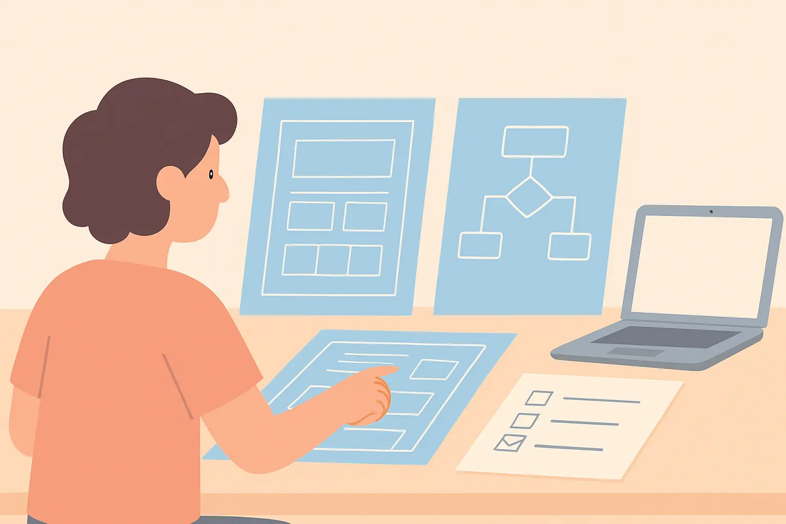 Flat vector illustration of a student choosing between two theoretical model blueprints