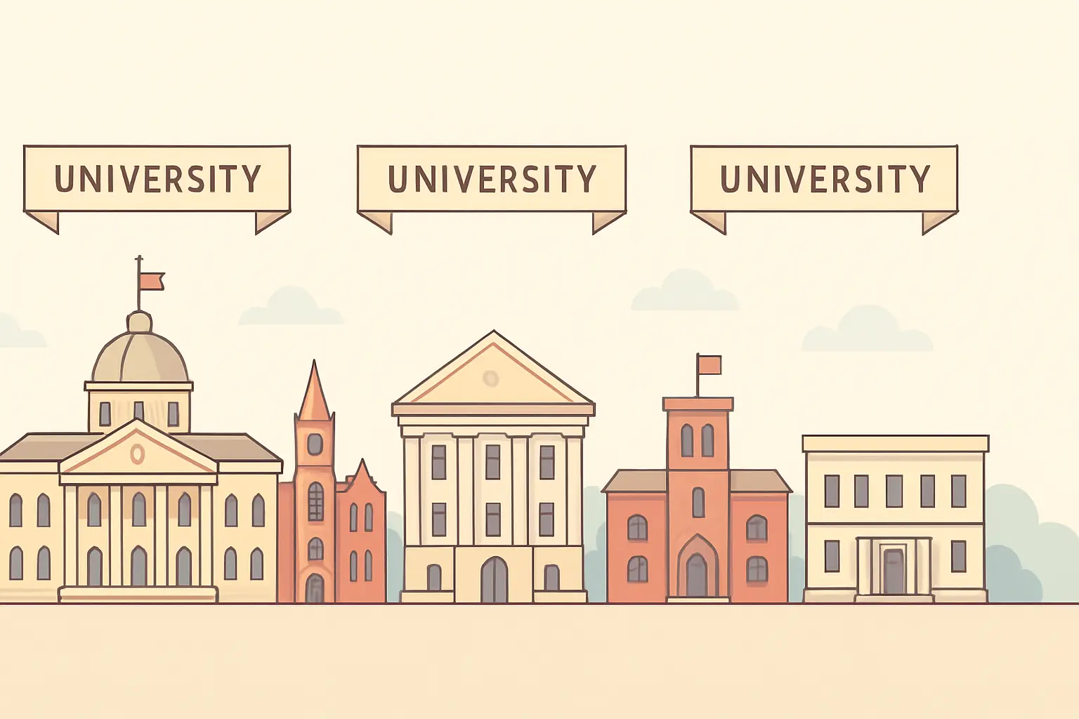 Flat vector illustration of five architecturally different university buildings each carrying a banner