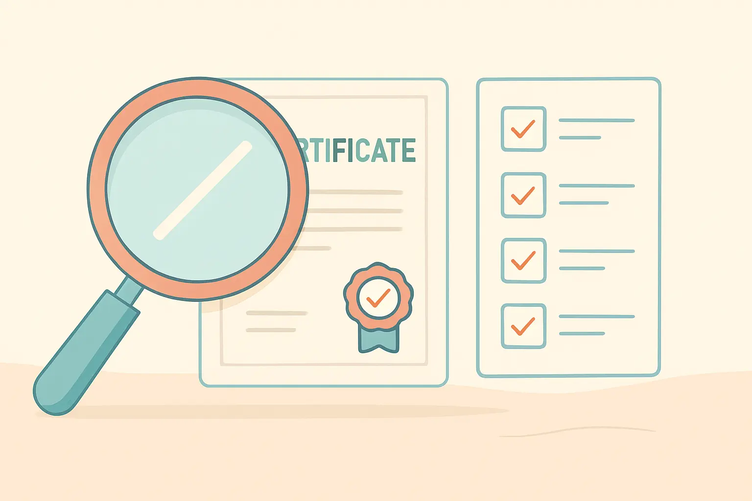 Flat vector illustration of a magnifying glass over a certificate bearing a regulator stamp beside a verification checklist