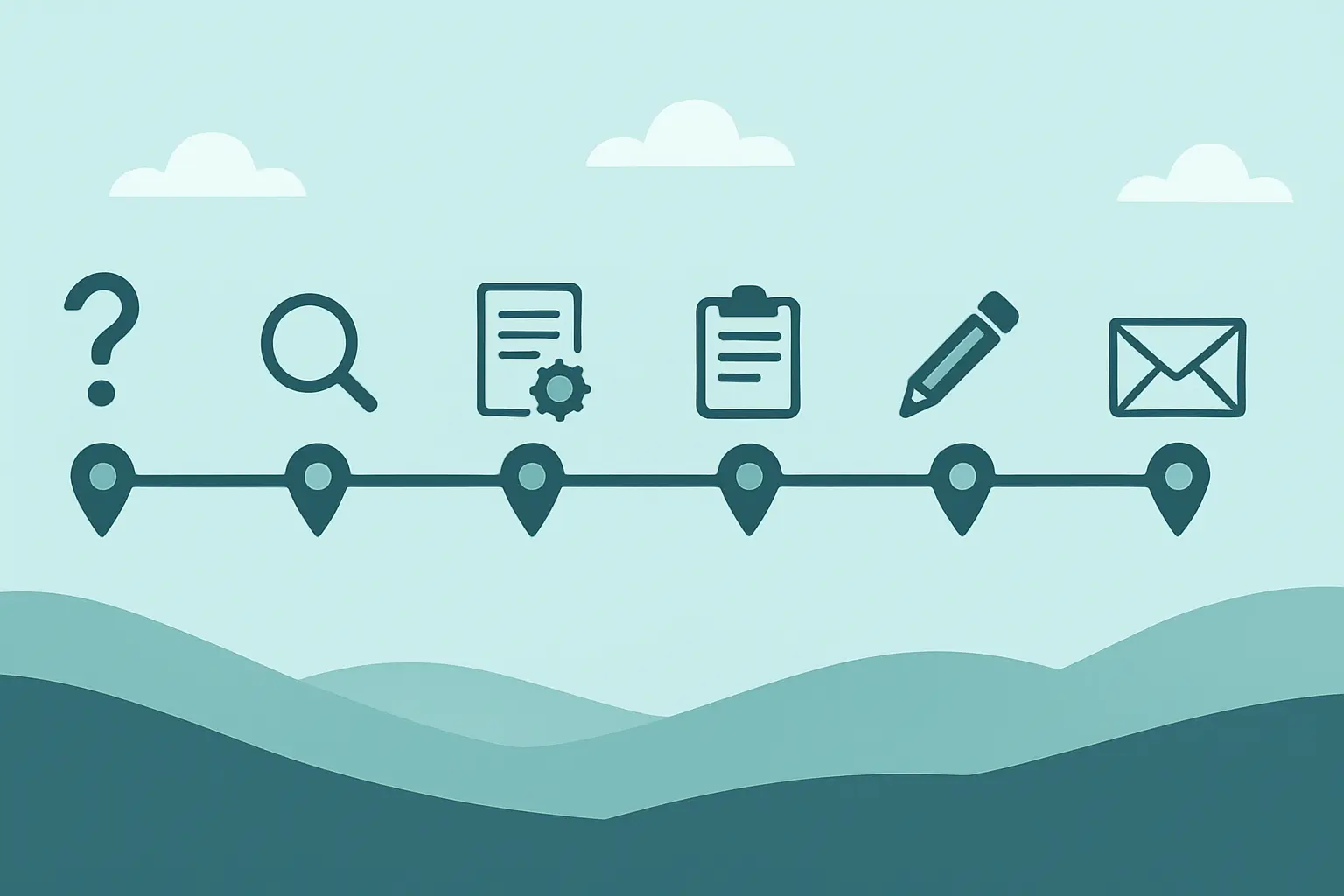 Flat vector horizontal timeline with six milestone markers representing the stages of an Advanced Higher project-dissertation from question to submission