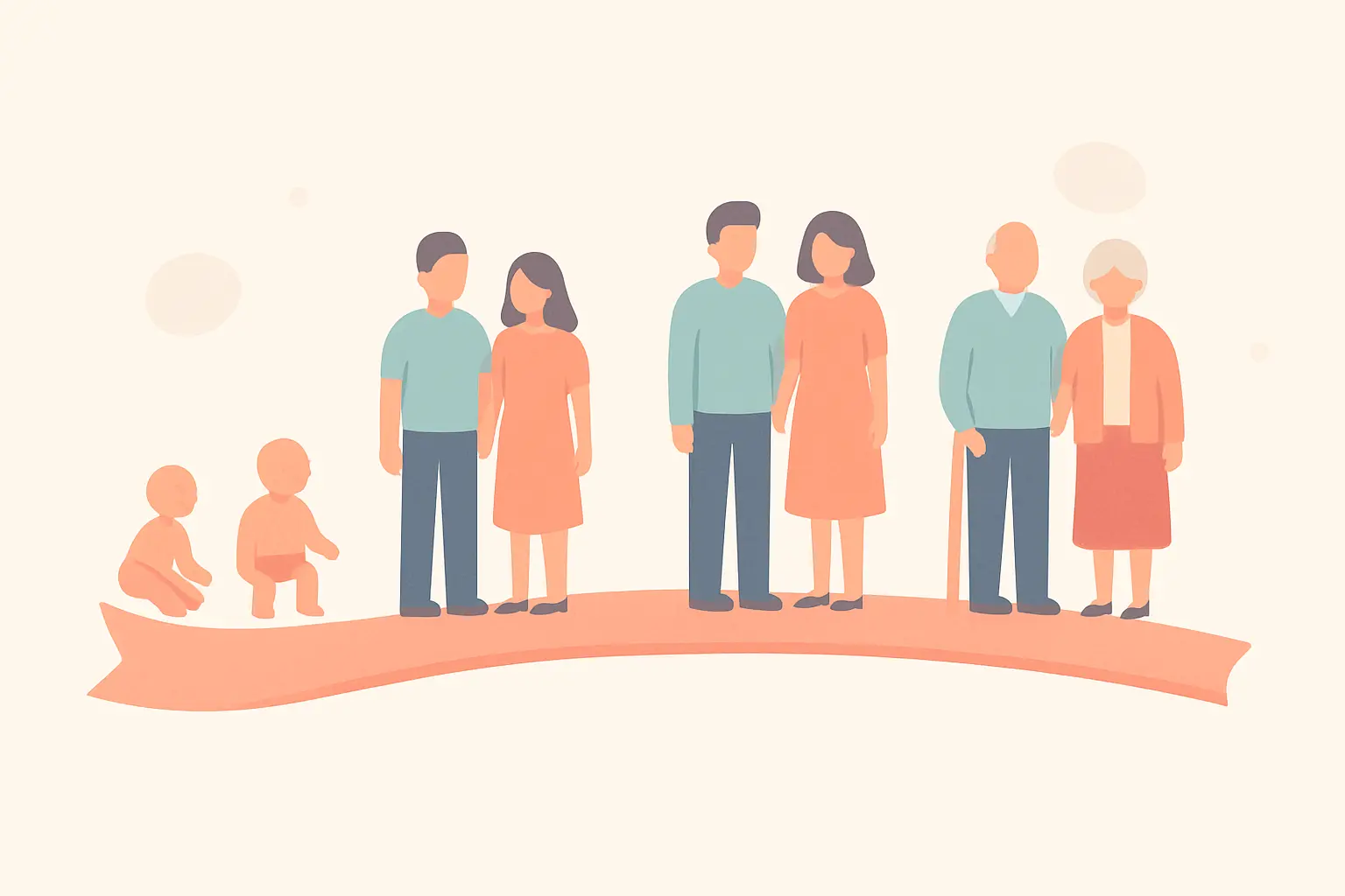 Flat vector illustration of UK birth cohort studies shown as generations along a decades-long timeline