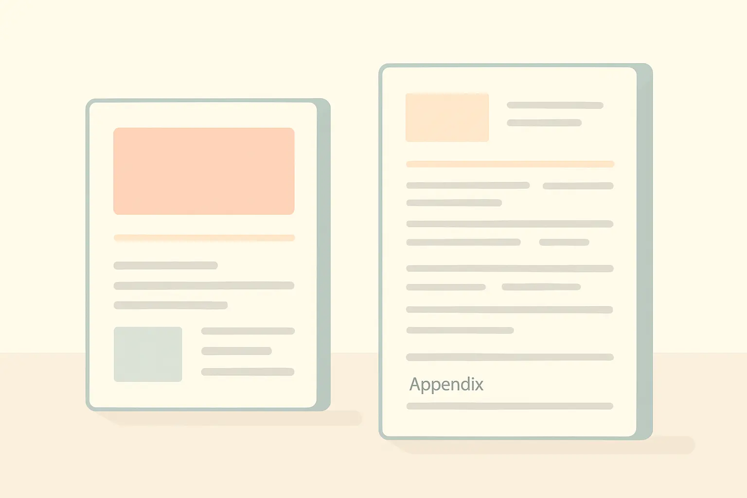 Flat vector illustration comparing a short client report layout with a longer academic report layout