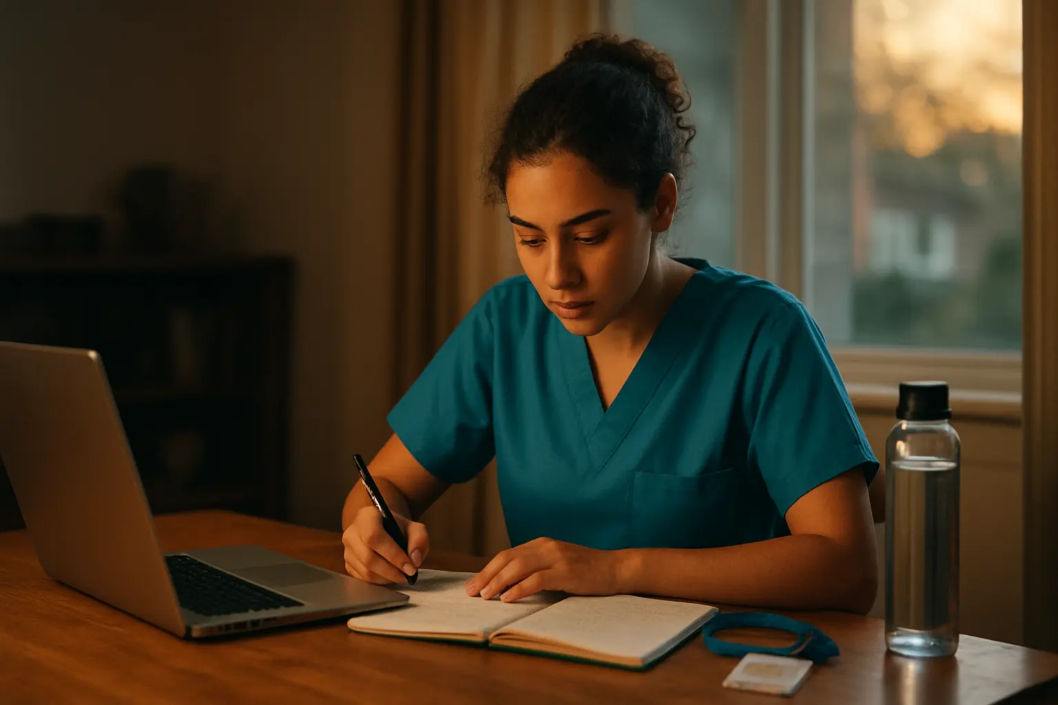 A healthcare student in scrubs working on a laptop at home in the early evening after a shift