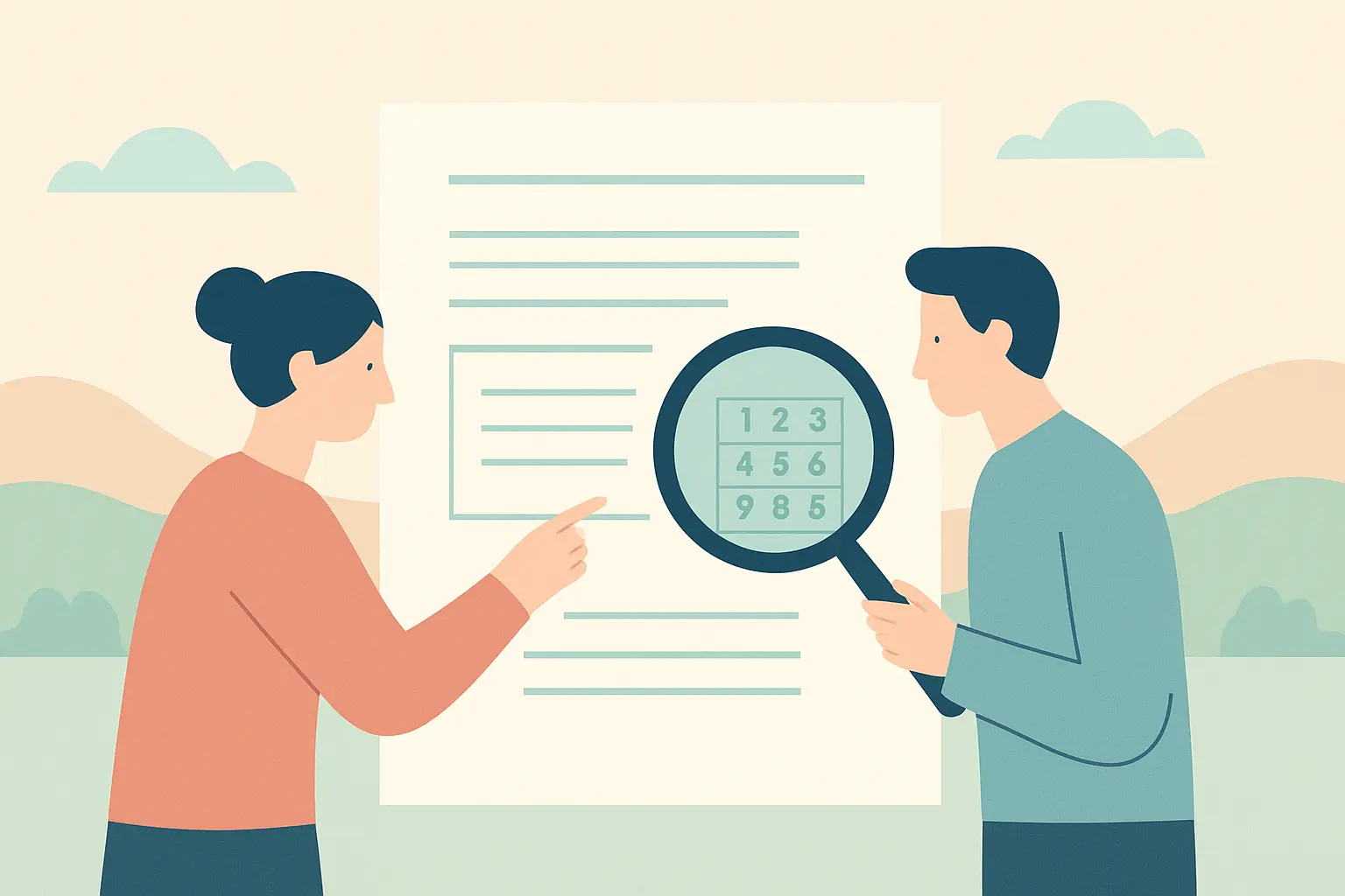 Flat vector illustration of two people reviewing a business plan with a magnifying glass over its figures