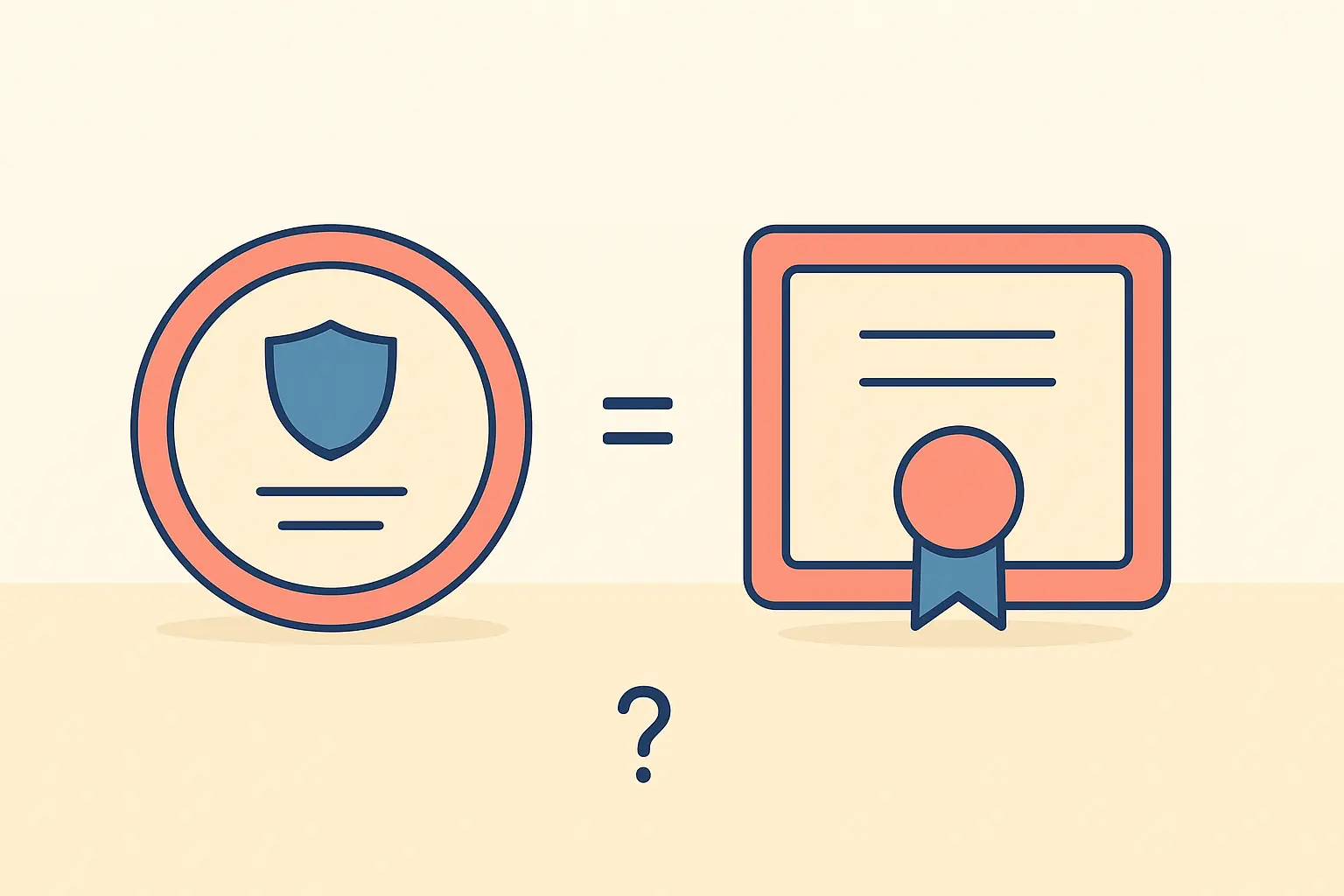 Flat vector illustration of a professional status badge beside an academic certificate with a question mark between them