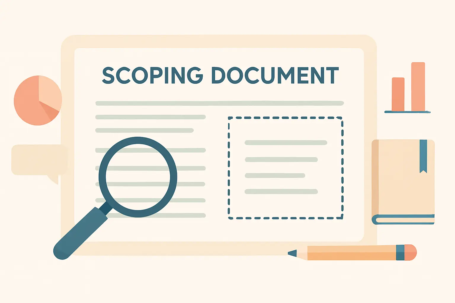 Flat vector illustration of a scoping document with a boundary box separating in-scope items from out-of-scope items