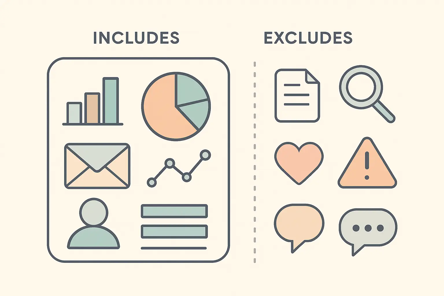 Flat vector illustration of a dashed boundary separating items counted inside a dataset from those excluded