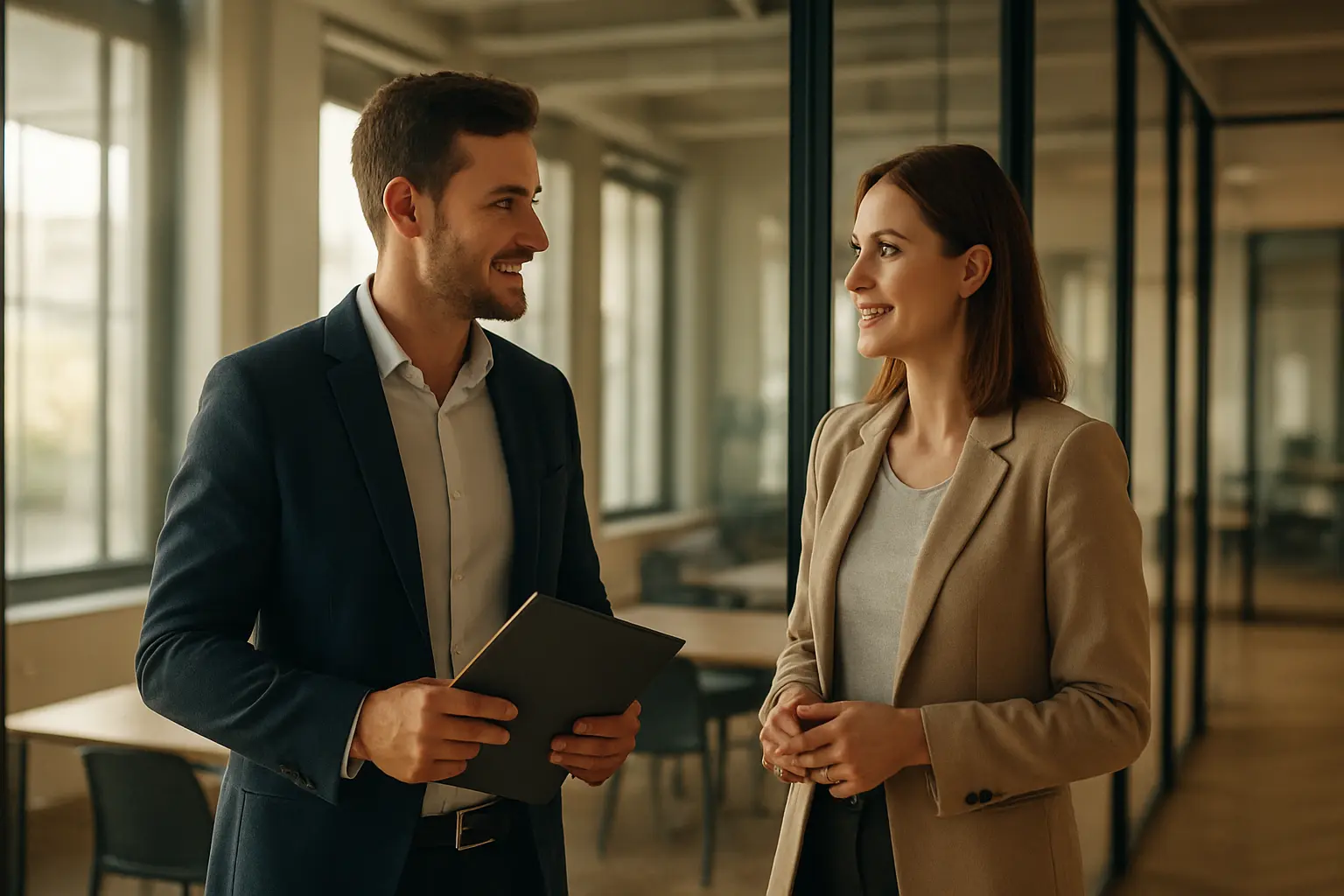 Two colleagues talking beside a glass-walled meeting room in a daylit office, one holding a folder