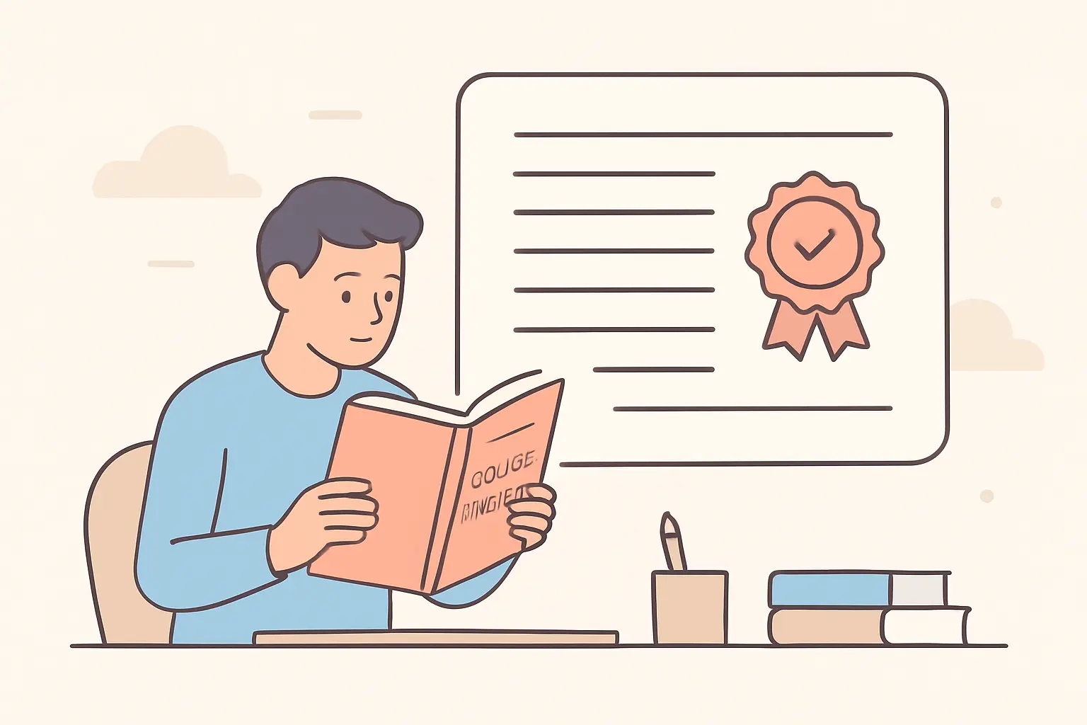 Flat vector illustration of a student checking a course handbook with a magnified panel highlighting the qualification level