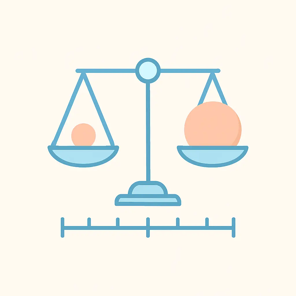 A balance scale over an asymmetric number line, illustrating how an odds ratio compares against a reference point of one