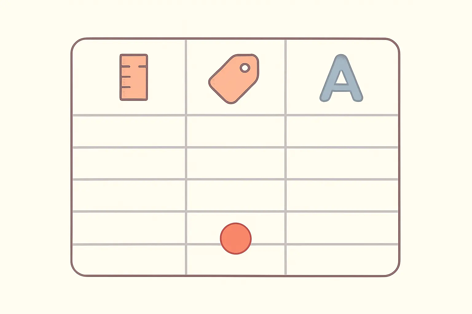 Flat vector illustration of a data grid with different measurement-level icons marking each column