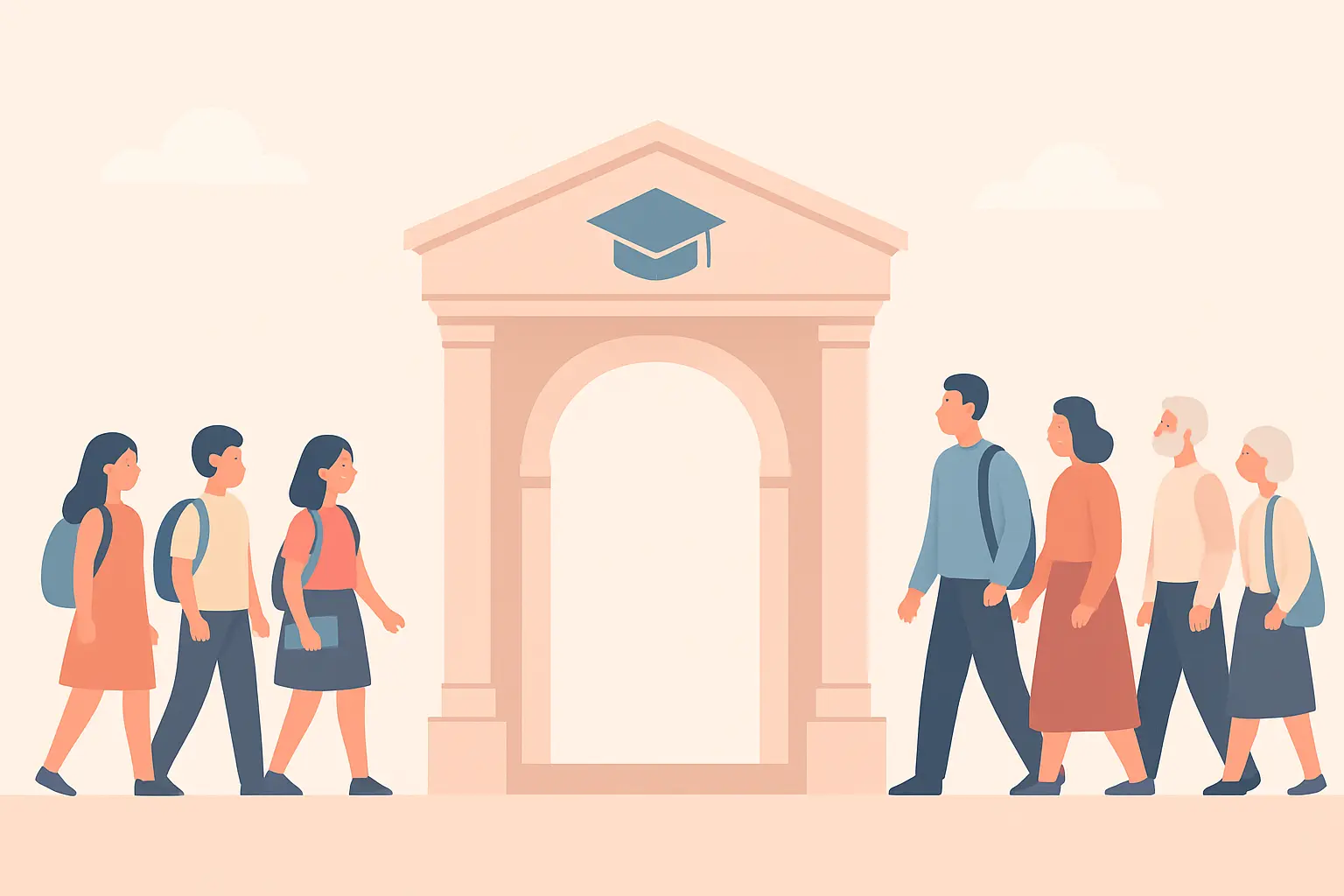 Flat vector illustration of school-age students and adult learners approaching a shared university entrance