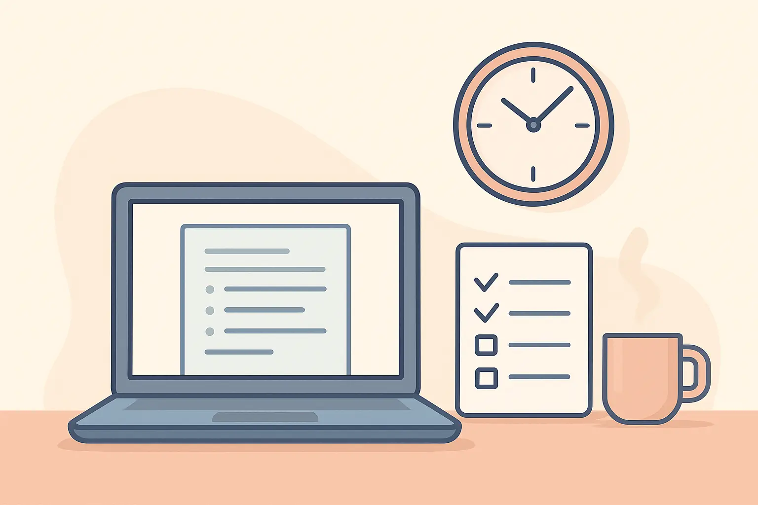 Flat vector illustration of a desk with a laptop showing a document outline beside a checklist and a clock