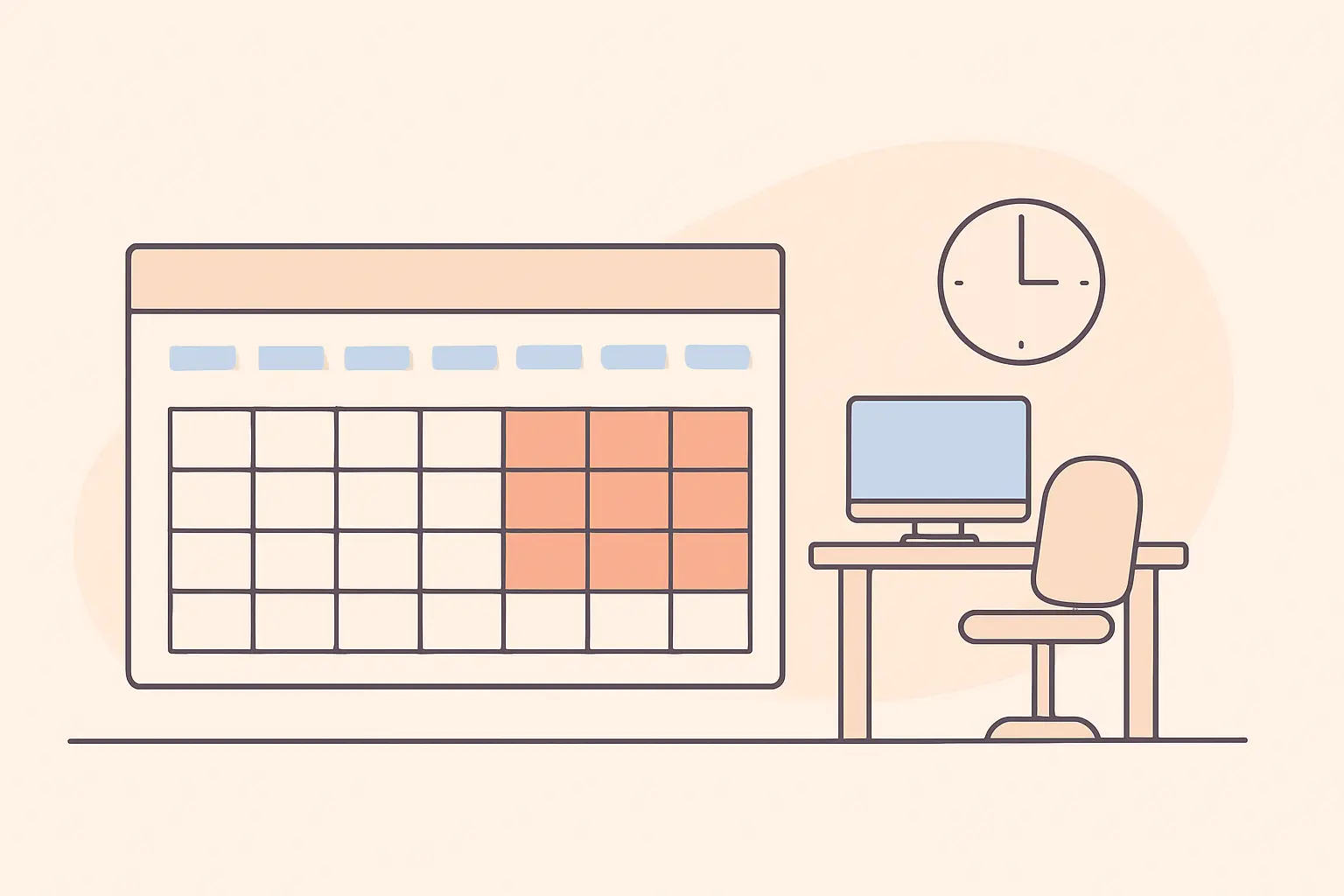 Flat vector illustration of a calendar strip with a block of days highlighted beside a workplace icon and clock
