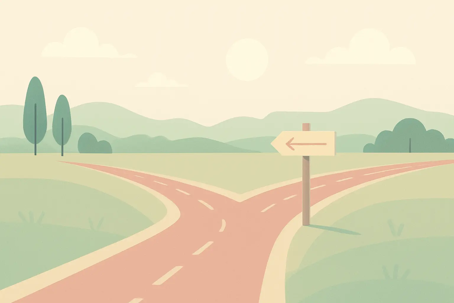 Flat vector illustration of a road forking toward an alternative destination partway along the route
