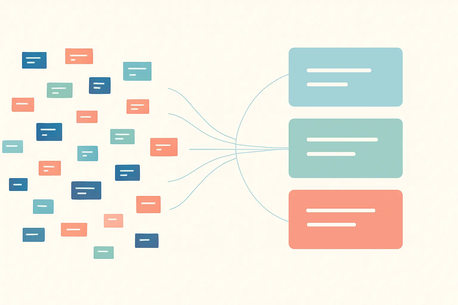 Flat vector illustration of many small codes converging into three larger themes