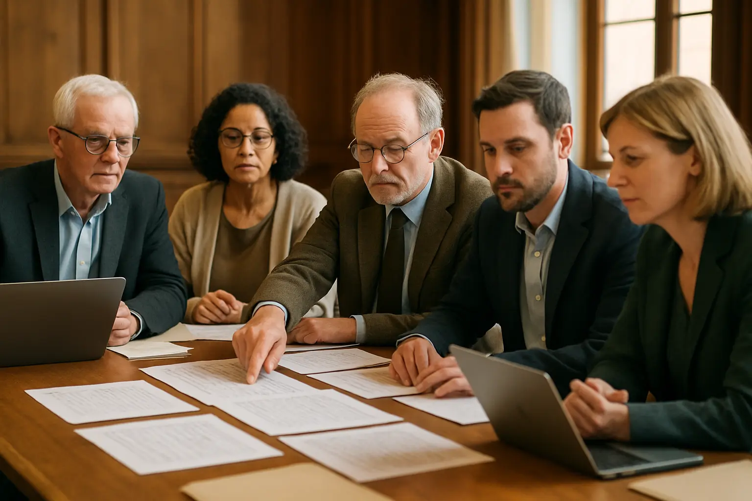 Academics around a committee table reviewing printed mark spreadsheets at a board of examiners meeting