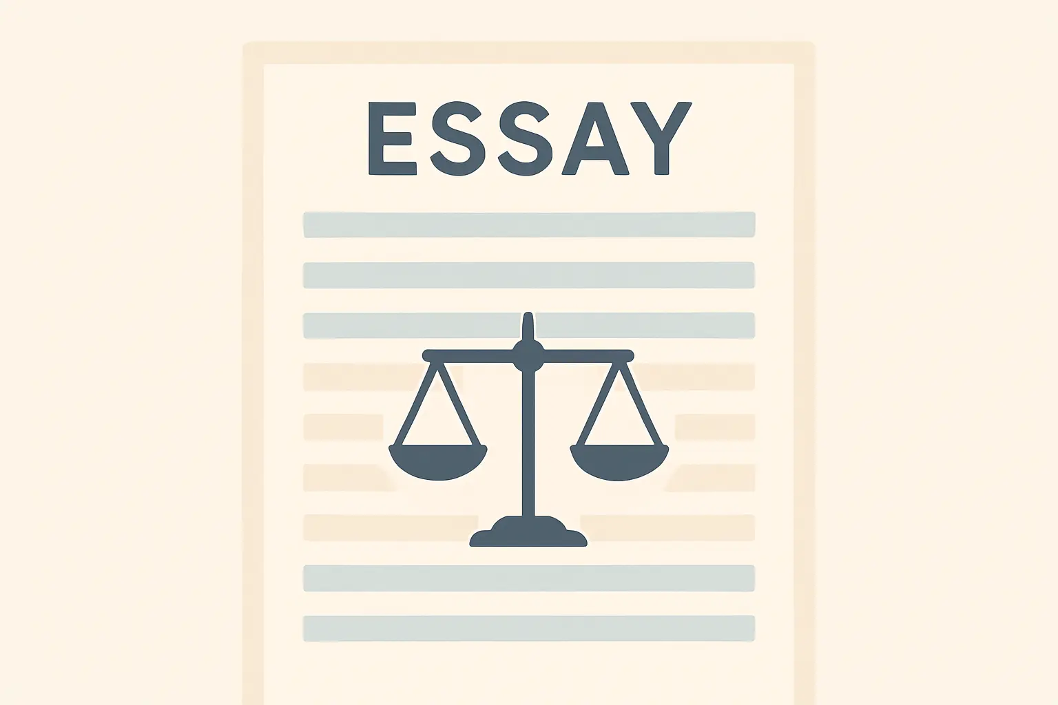 Flat vector illustration of an essay page with alternating bands and a balance icon at its centre
