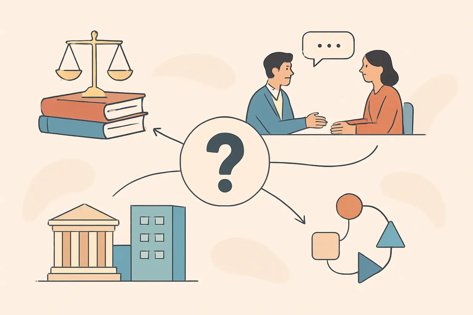 Flat vector illustration of four legal research methods branching from one research question