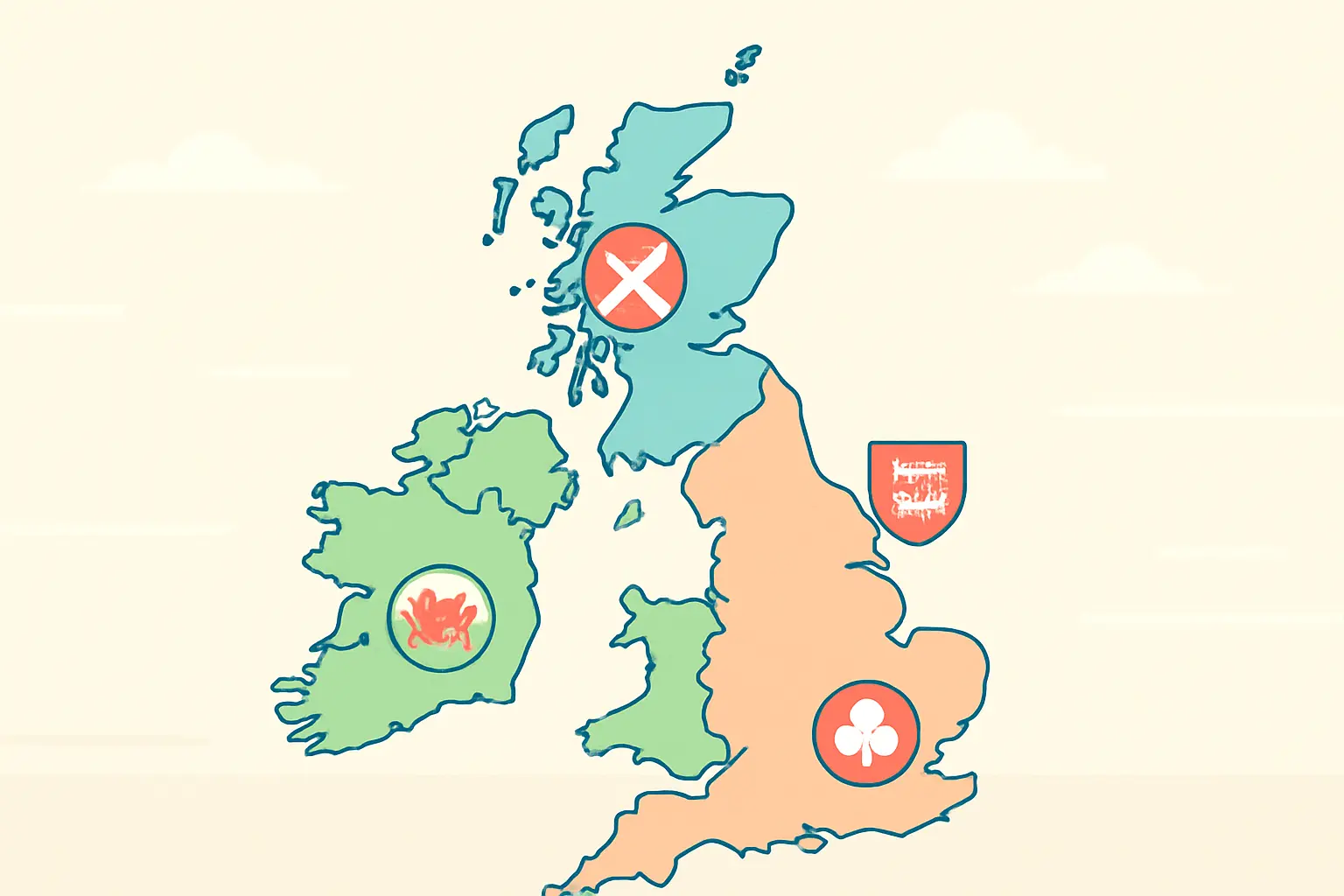 Flat vector map of the four UK nations each carrying a distinct regulatory badge