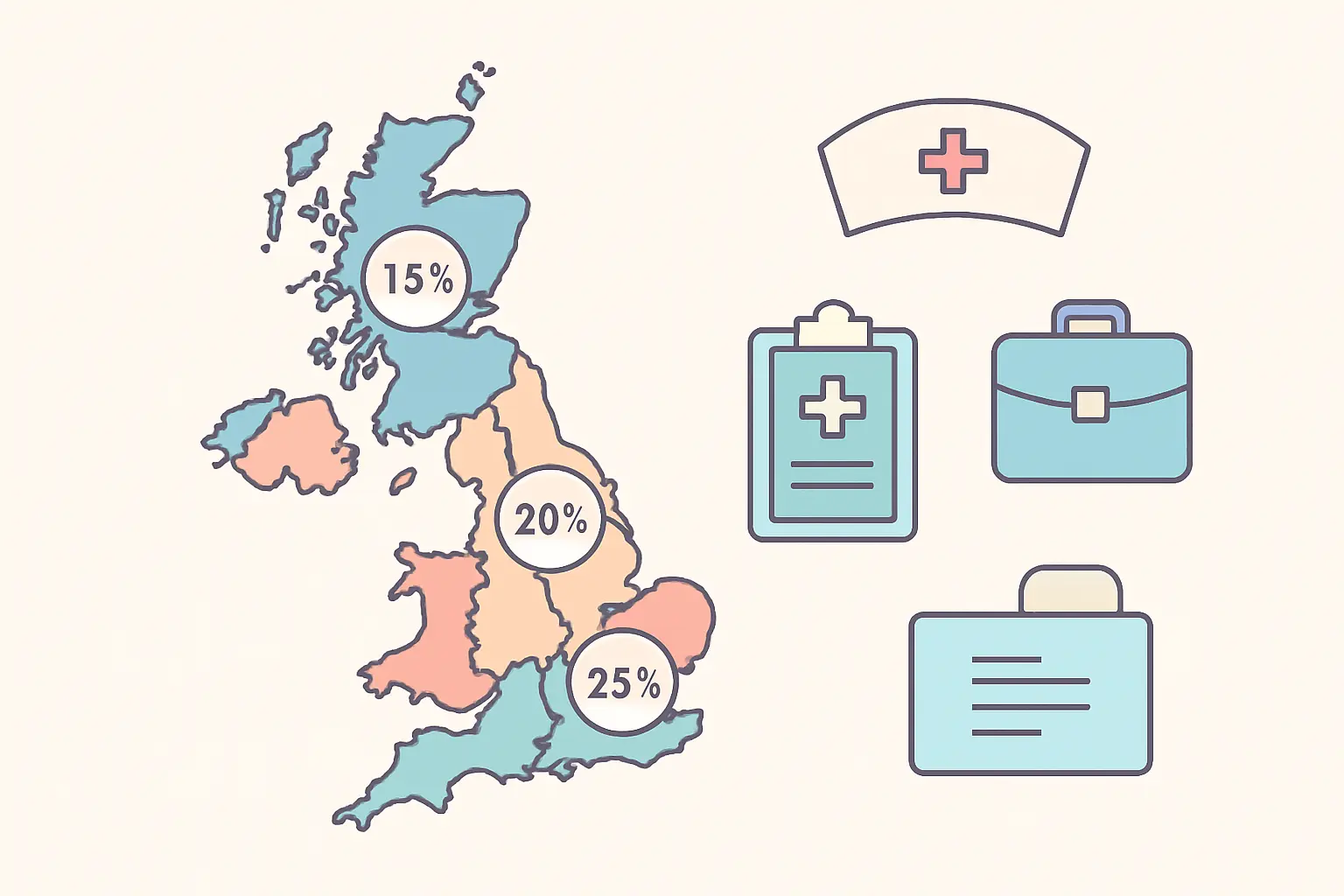 Flat vector map of UK regions with percentage badges showing how many Access to HE students stayed in their home region to study