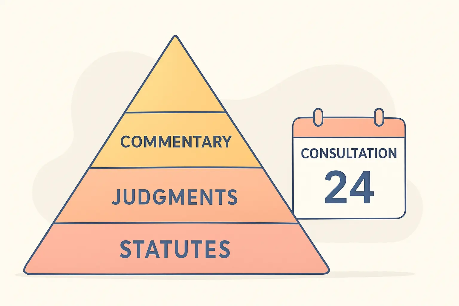 Flat vector illustration of a legal source hierarchy with primary authority below and commentary above