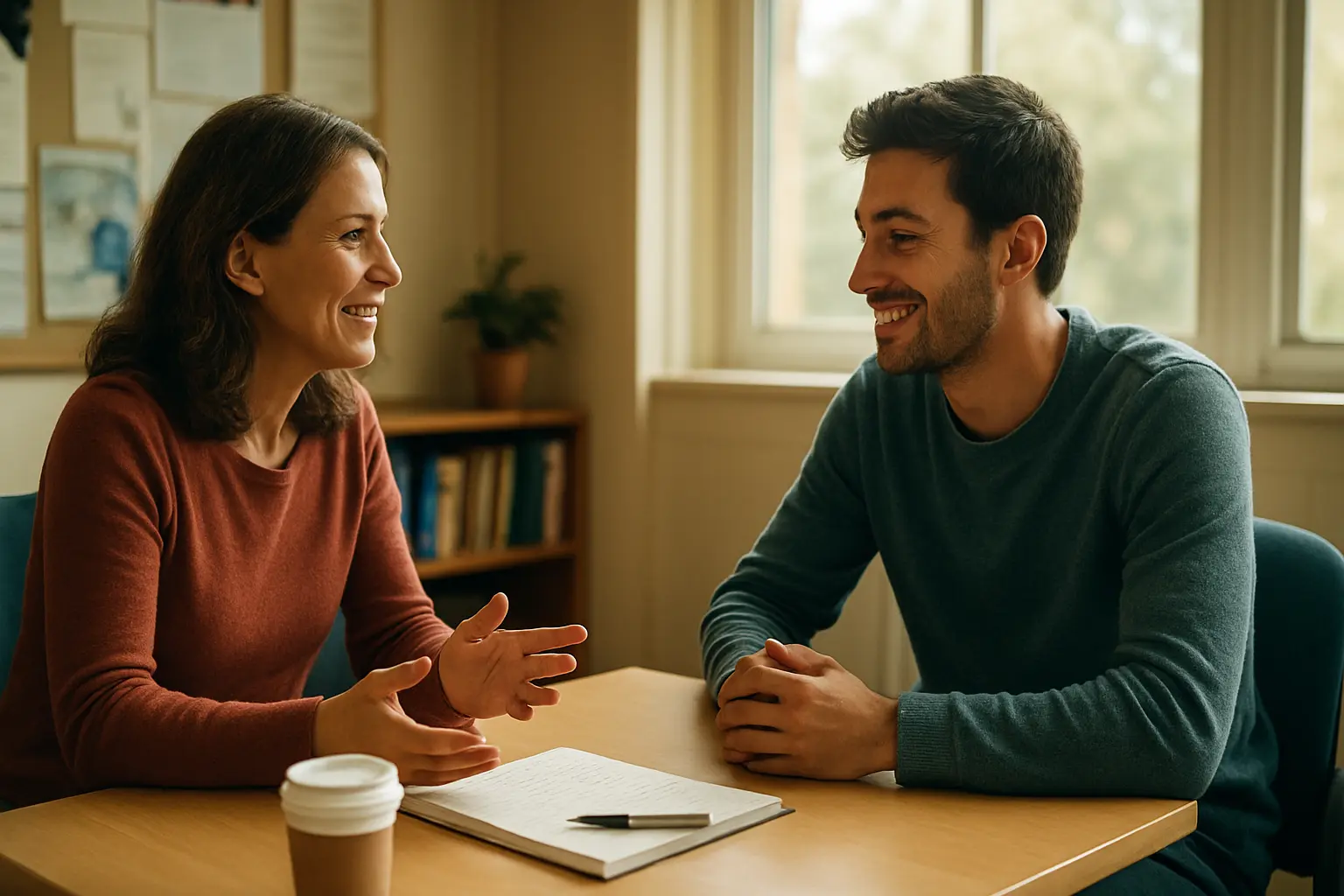 An adult student in conversation with a tutor across a table in a bright college office