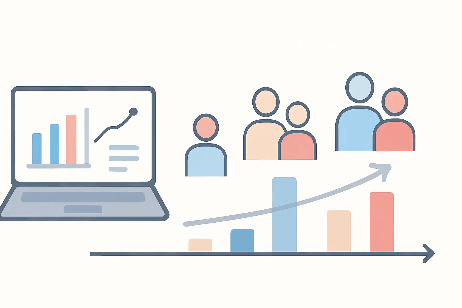 Flat vector illustration of one group of participants measured at three time points with a rising trend