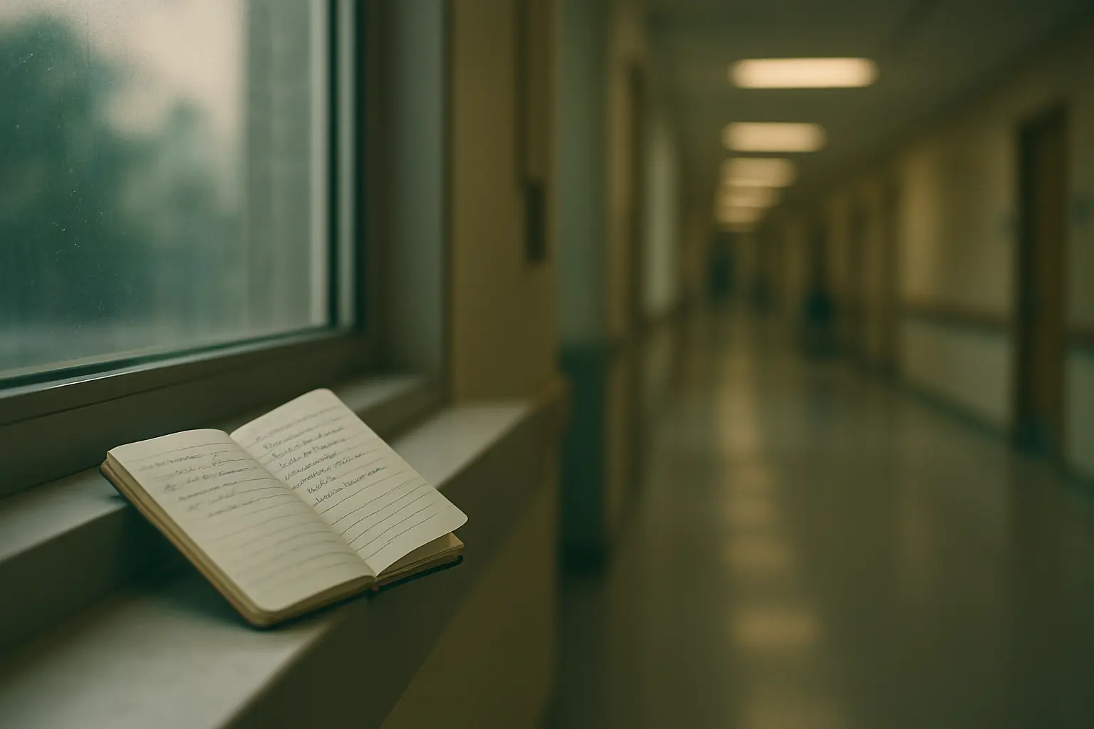 A small notebook with brief handwritten notes resting on a windowsill in a blurred hospital corridor