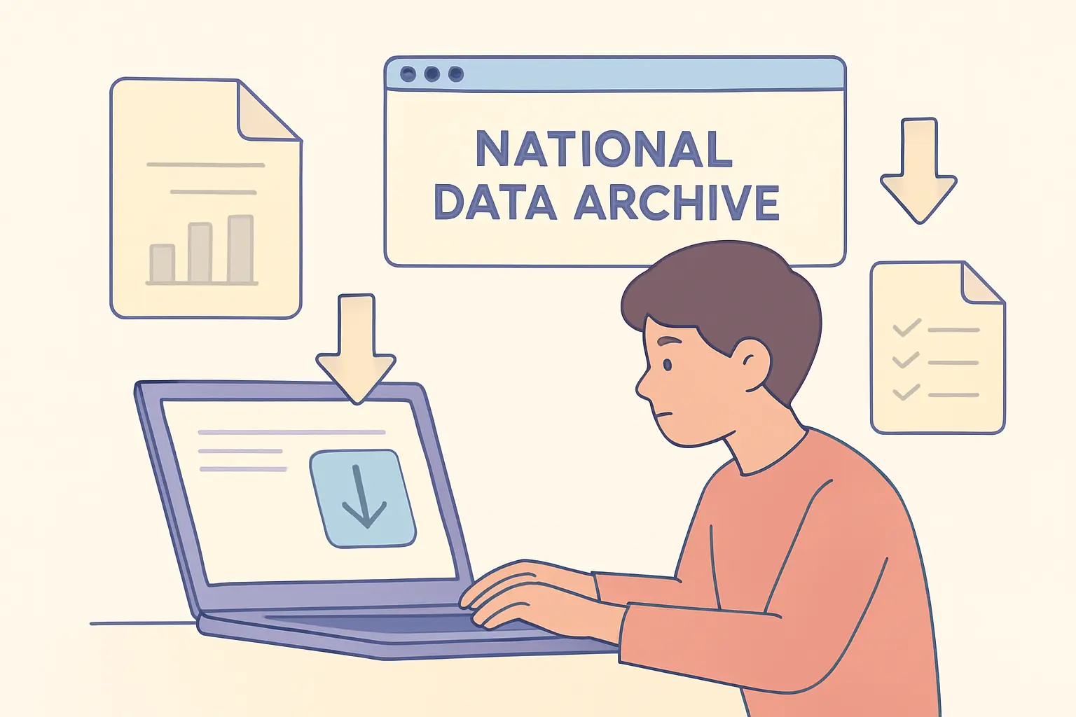 Flat vector illustration of a student downloading datasets from the UK Data Service on a laptop