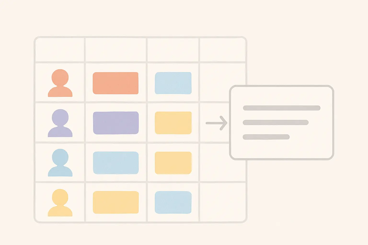 Flat vector illustration of wide-format data where one row holds all three measurements for one participant