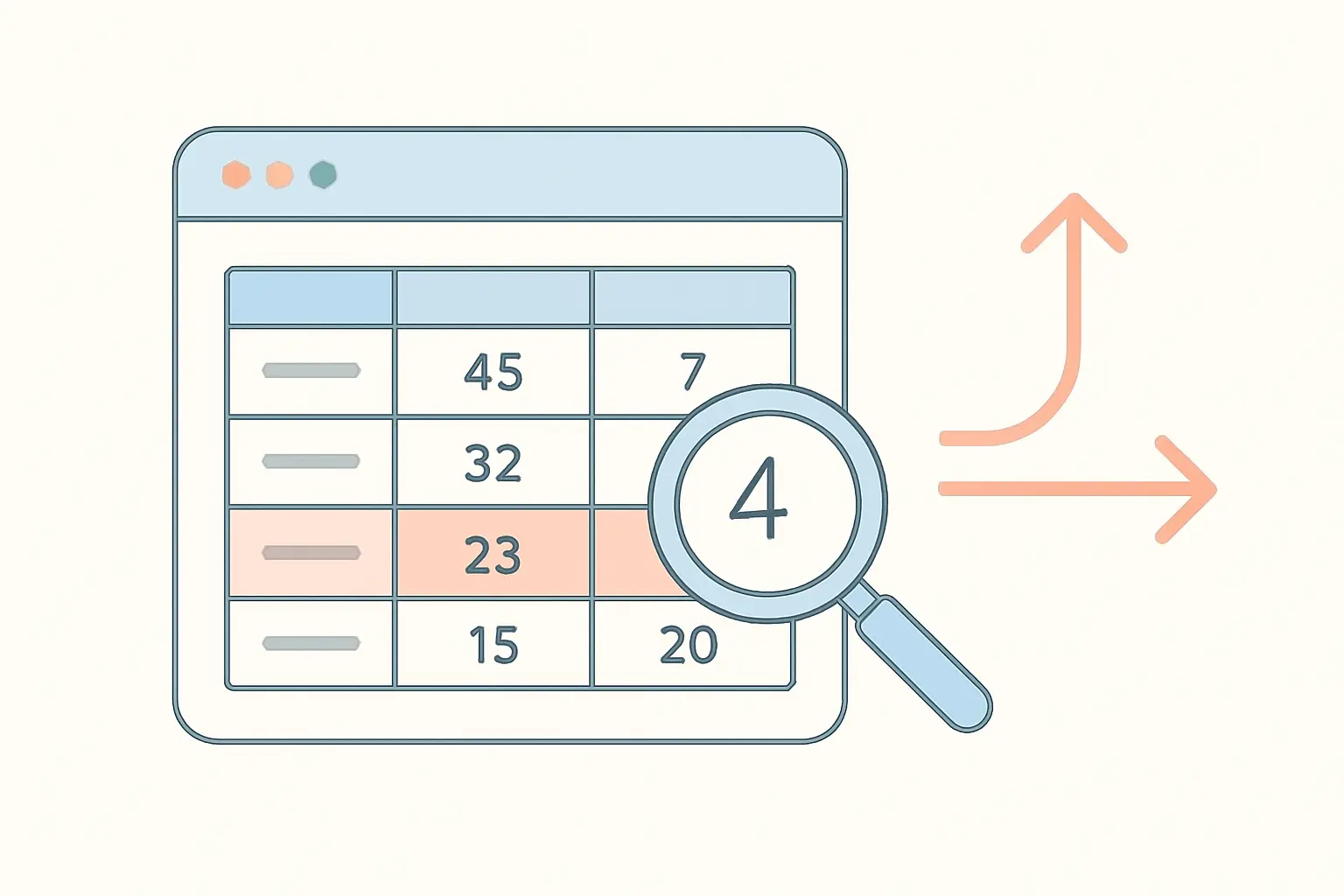 Flat vector illustration of a statistics output table with one highlighted result row under a magnifying glass