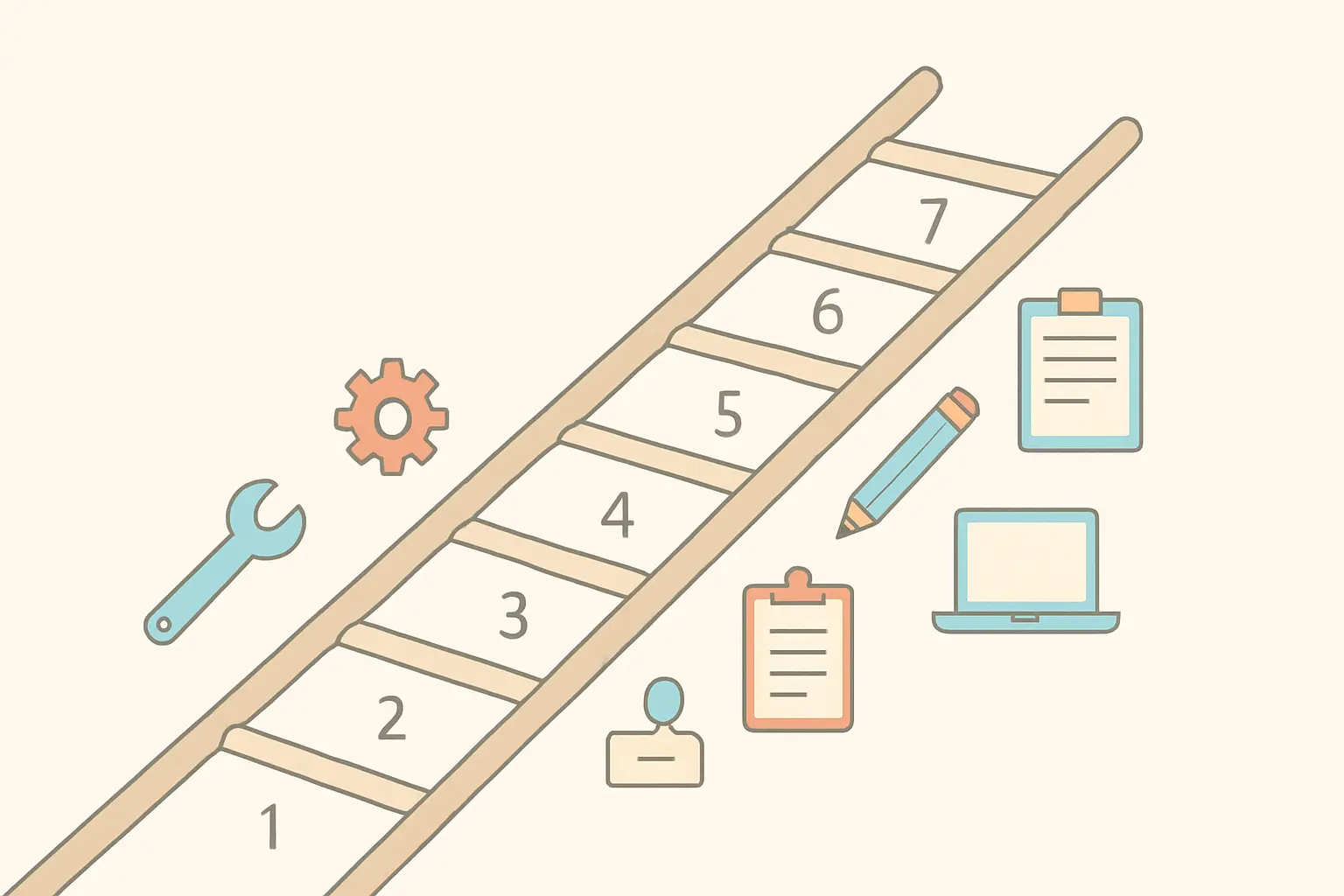 Flat vector illustration of a ladder with rungs numbered one to seven and occupational icons at different heights