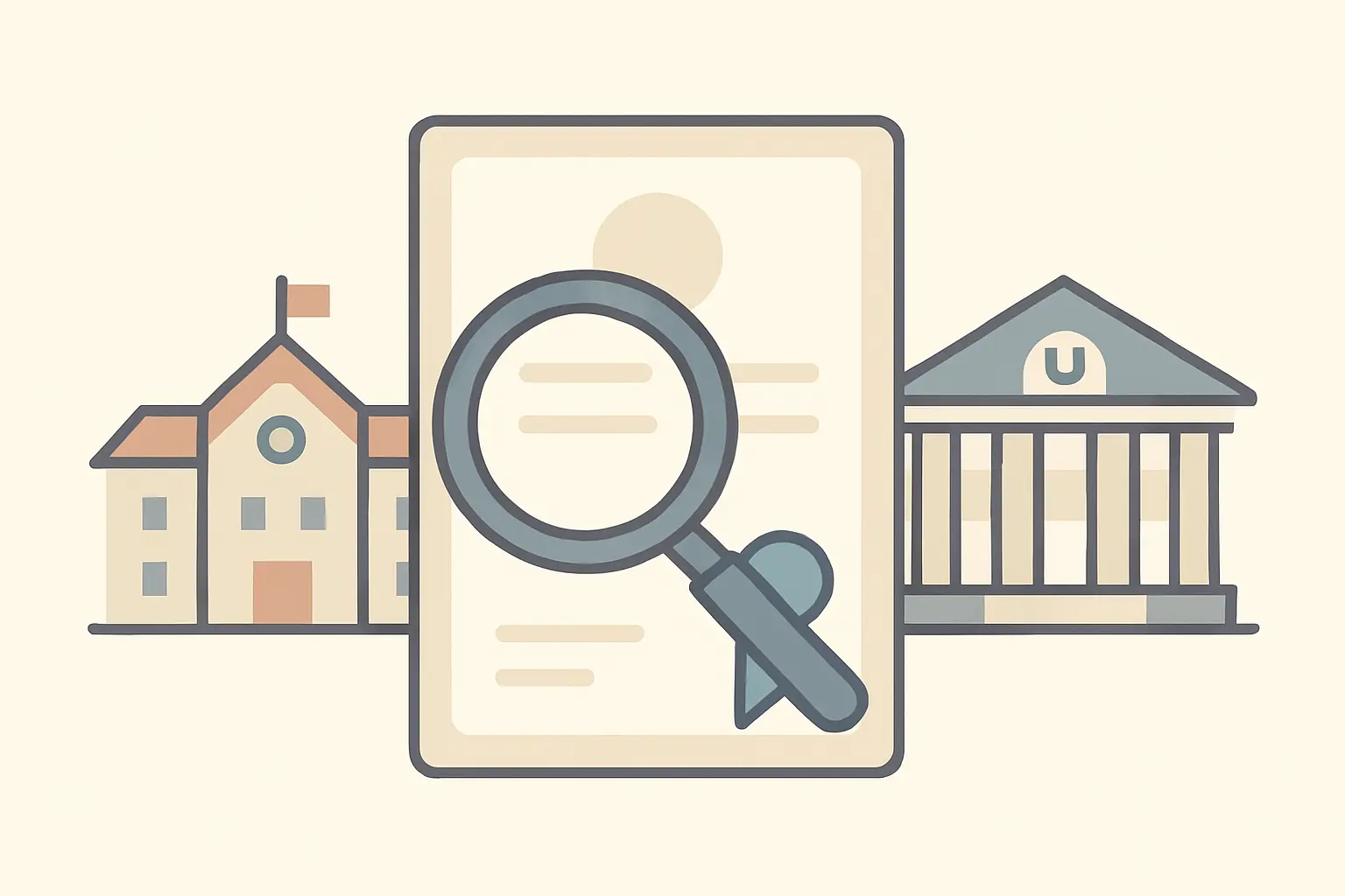 Flat vector illustration of a criminal record certificate being checked between a school and a university