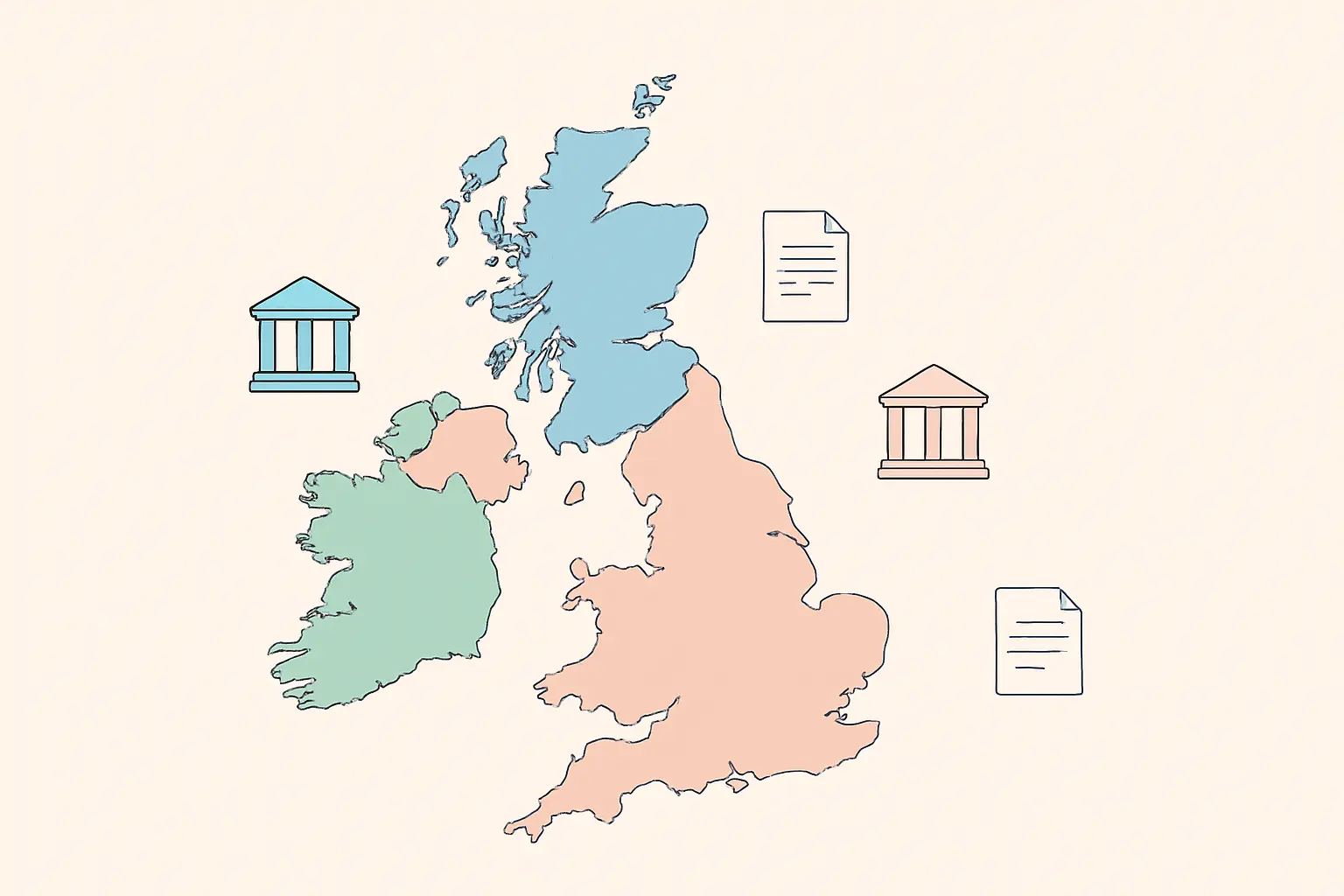 Flat vector illustration of the four UK nations each with its own statistics producer