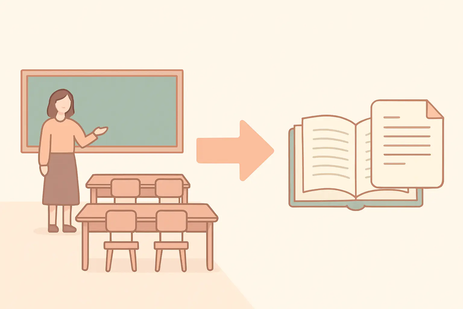 Flat vector illustration of a classroom linked by an arrow to an academic book and essay page