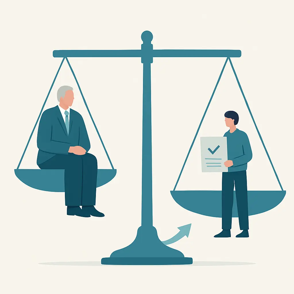Flat vector illustration of unbalanced scales showing unequal power between a senior figure and a participant giving consent