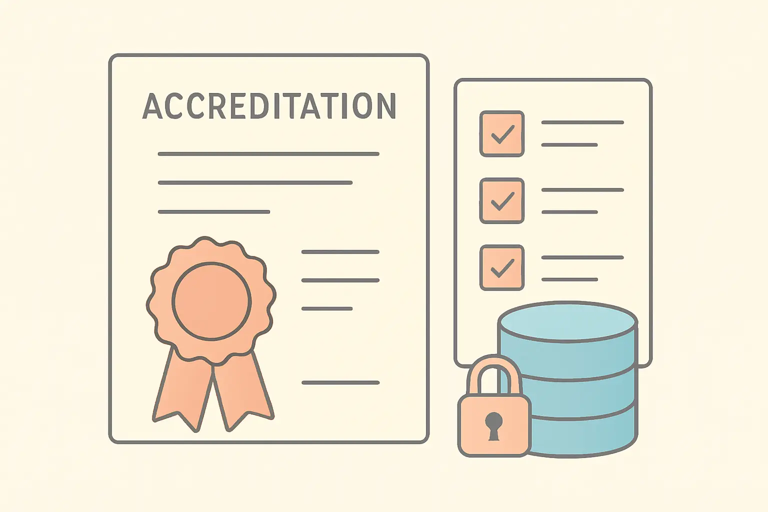Flat vector illustration of an accreditation certificate and eligibility checklist beside a locked database