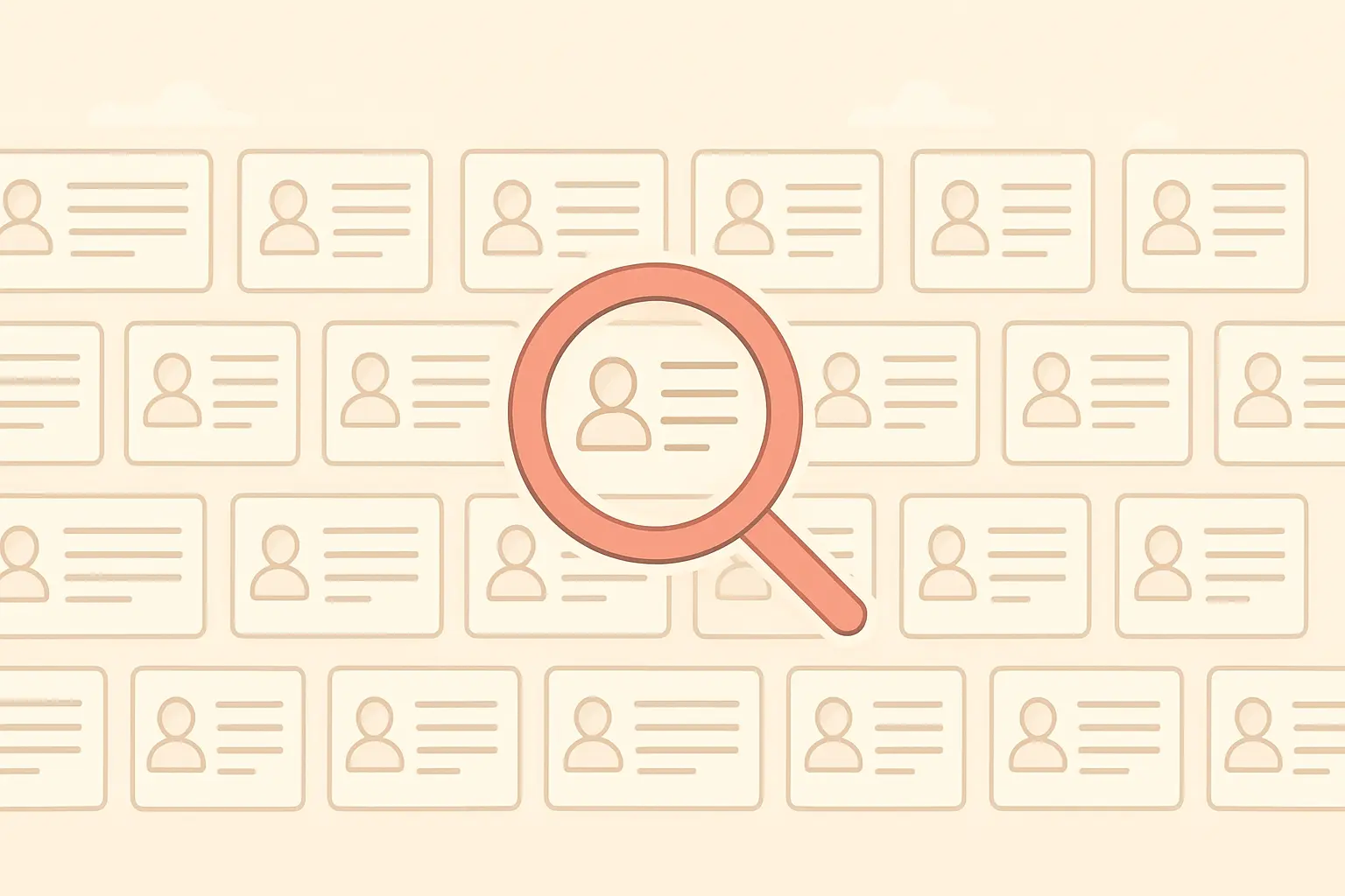 Flat vector illustration of rows of qualification cards in a register with a search marker over one