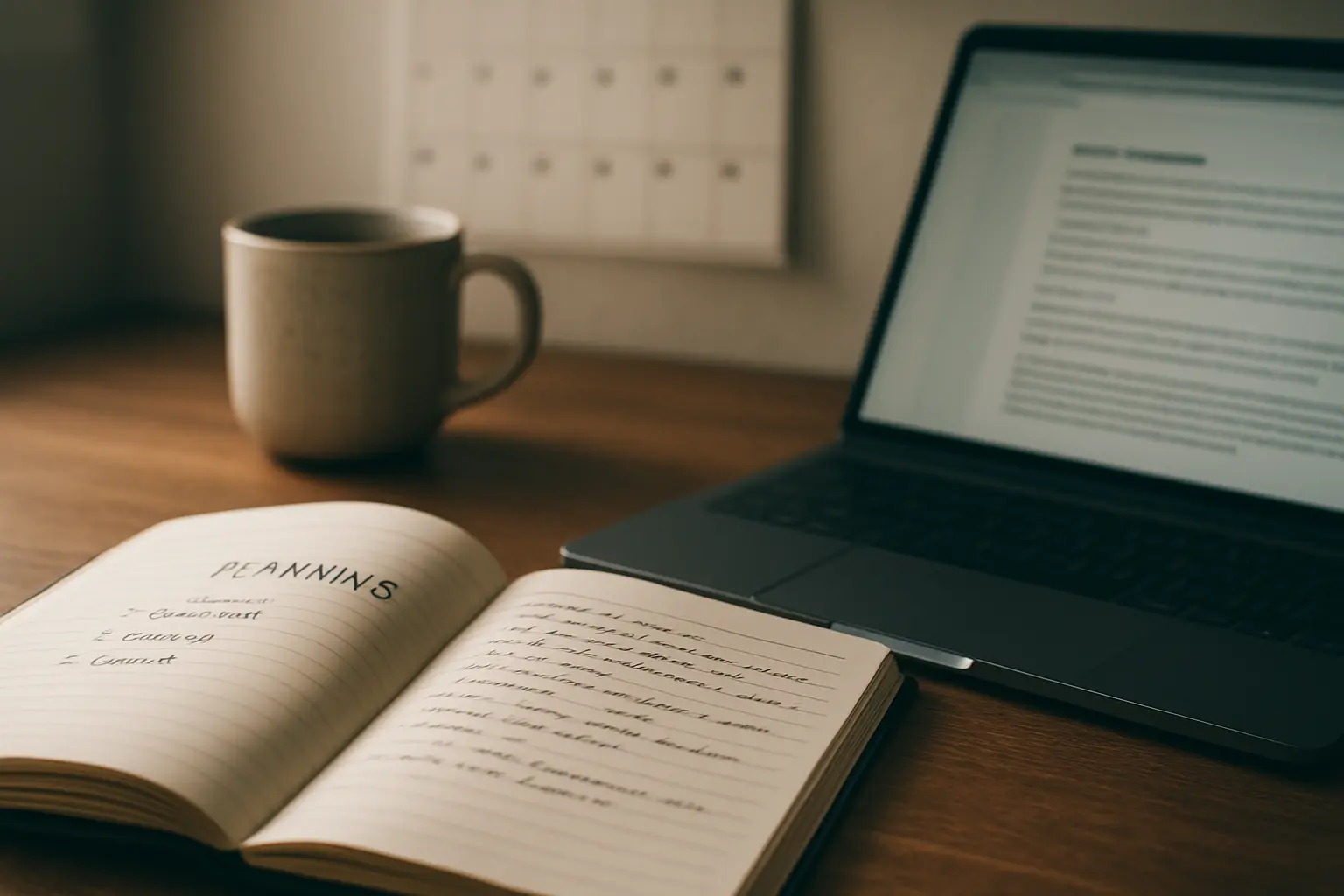 A desk with handwritten planning notes, a laptop showing a document and a calendar in the background